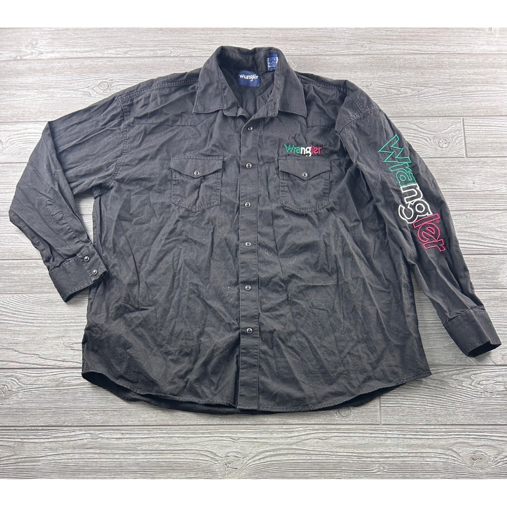 Wrangler Mens XXL Black Western Snap Shirt Embroidered Logo Long Sleeve Mexico